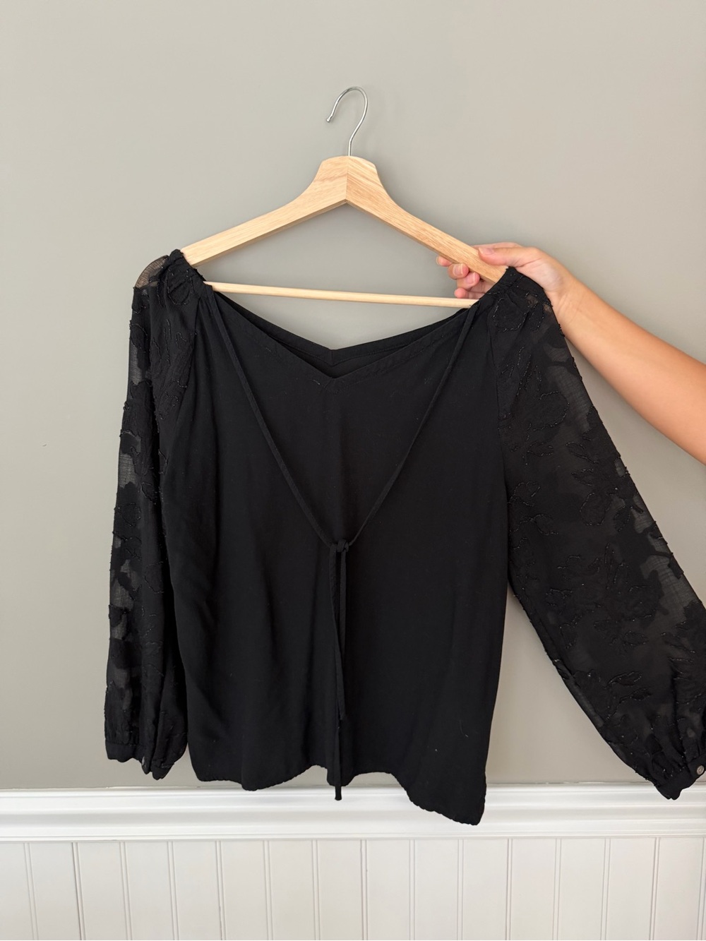 LOFT Black V-Neck Blouse with Sheer Lace Balloon Sleeves